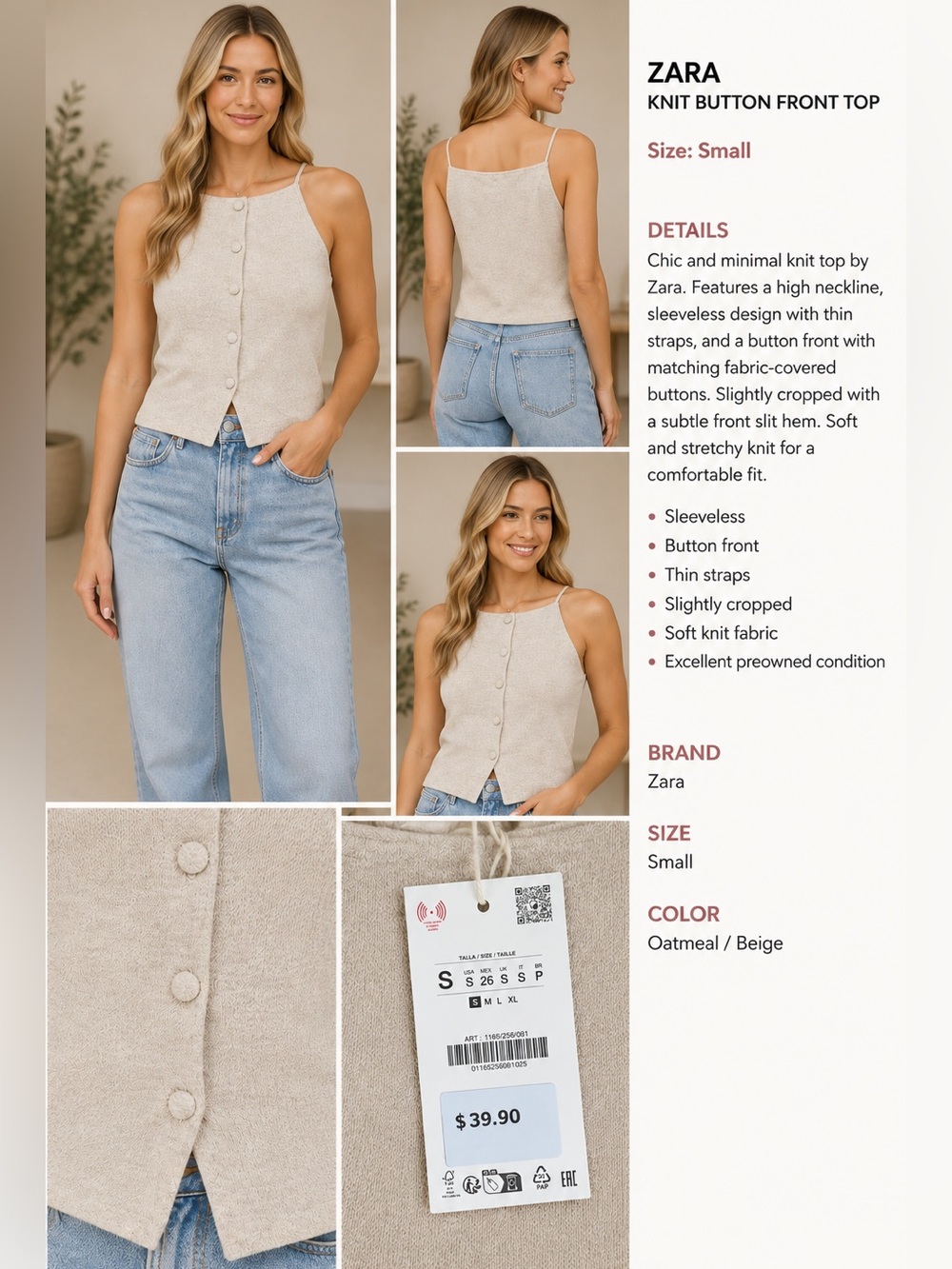 Zara Oatmeal Beige Knit Button-Front Camisole